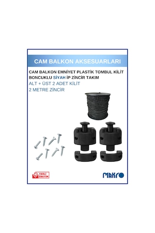 Cam Balkon Kilidi Emniyet Plastik Tombul Kilit Boncuklu Siyah Ip Zincir Takım Seti