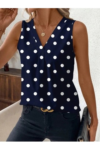 Defymoda Kadın Askılı V Yakalı Puantiyeli Süprem Bluz Lacivert