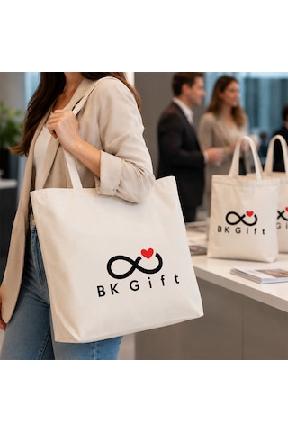 Bk Gift Logonuza Özel 3 Adet Luna Kırık Beyaz Körüklü Keten Bez Çanta 37 X 41 Cm Baskılı Set Bej