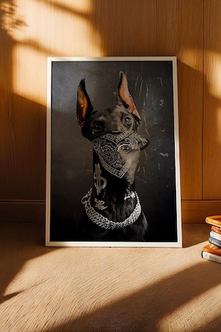 Bad Dog Çerçeveli Tablo Bandanalı Gangster Doberman Köpek Hip-hop Hayranlarına Hediye Modifiye Sanat