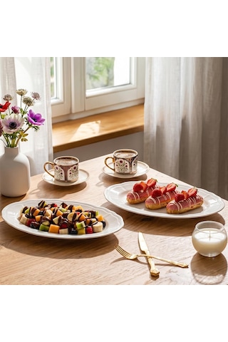 Porsima 4447 Tiffany Porselen Kayık Tabak Seti - Oval Kahvaltılık Sunumluk Seti 30cm 2 Adet Diğer