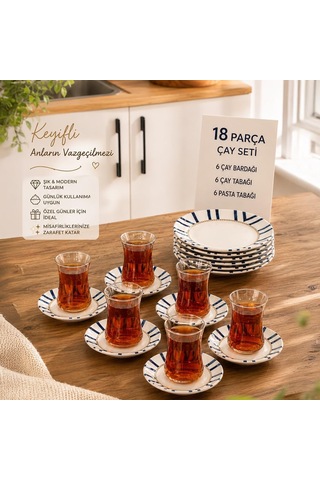 Yasemin Dicle 18 Parça 6 Kişilik Porselen Pasta Ve Çay Takımı Çizgili Lüks Sunum Seti Çok Renkli