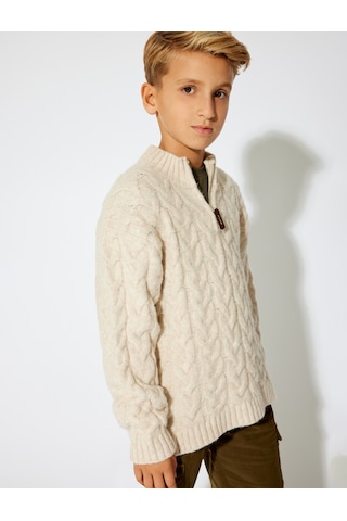 Koton Yarım Fermuarlı Saç Örgüsü Detaylı Uzun Kollu Kazak Ekru 5wkb90004ht Ekru