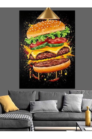Üç Katlı Büyük Ve Lezzetli Hamburger Dekoratif Kanvas - Mdf Ahşap Tablo