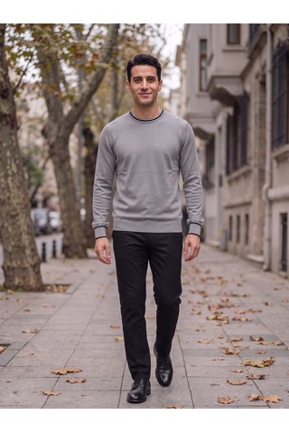 Maccali Erkek Gri Kontrast Şeritli Bisiklet Yaka Triko Sweatshirt