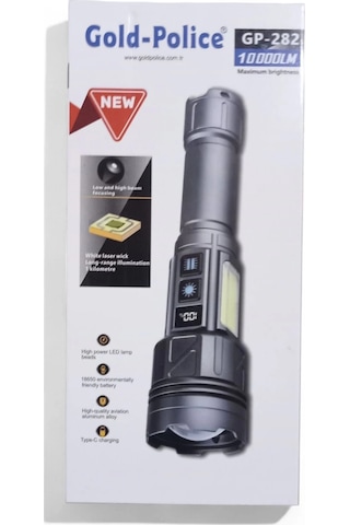 Gold-police Gp-282 Uzun Menzilli Güçlü Şarjlı 10000 Lümen El Feneri 11 Mod Çakar Işıklı Kırmızı-mavi Çok Renkli