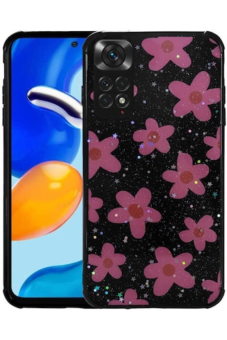 Redmi Note 11s Global Kılıf Simli Desenli Kamera Korumalı Parlak Tchs Popy Kapak - Çiçek Çiçek