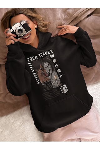 Sevbano Tasarım Eren Yeager Attack On Titan Baskılı Unisex Oversize Anime Siyah