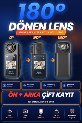 Blue Inter Smart Panora Aksiyon Kamera Döner Lensli Ekranlı Taşınabilir Vlog Kamerası Mini Spor Kamerası