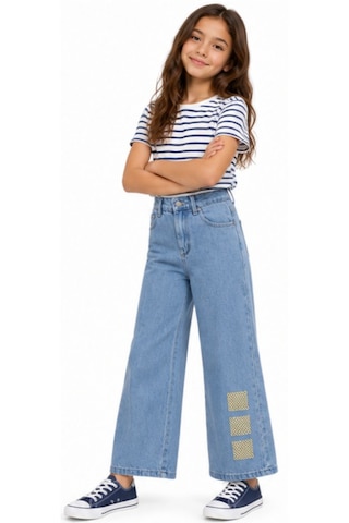 Irem Kız Çocuk Beli Lastikli Geniş Paça Model Fermuar Kapamalı Sol Paça Nakış İşlemeli Likrasız Mavi Renk Kot Pantolon