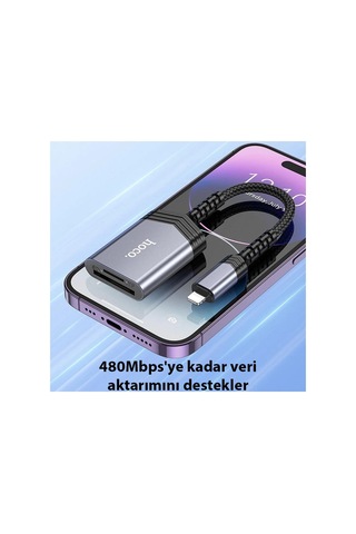 Hoco Ua25 2-in-1 Apple Uyumlu iPhone Lightning Kart Okuyucu- 5775 - Karbul5766-1008 Gri