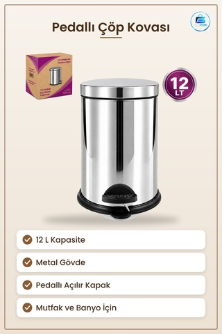 Çöp Kovası 12 L Metal Pedallı Açılır Kapanır Kapaklı Paslanmaz Mu