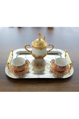 Paslanmaz Çelik Lüks Model Gold Desen Çay Kahve Tepsisi 34,5 X 24,5 Cm Altın - Gold