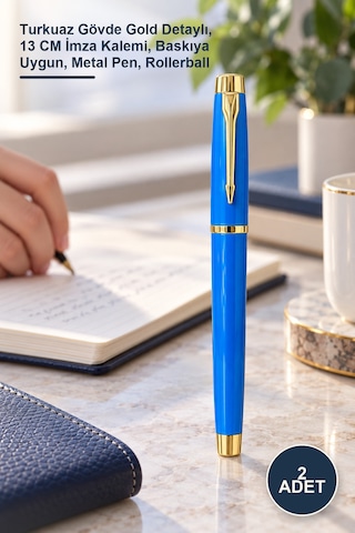2 Adet Metal Roller Kalem Turkuaz Gövde Gold Detaylı, 13 Cm İmza Kalemi, Baskıya Uygun, Metal Pen, Rollerball