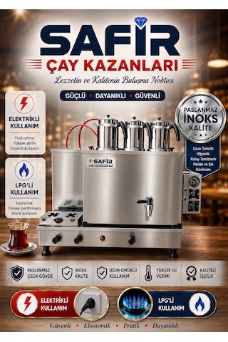 Safir 3 Demlikli İnoks Tam Otomatik Çay Kazanı Elektrikli Ve Tüplü Çay Ocağı Kazanı