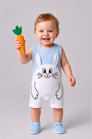 Babyden's Erkek Bebek Tavşan Desenli Yazlık Tulum Fitilli Pamuklu Kolsuz Bebek Tulumu Çıtçıtlı Romper 0-9 Ay Mavi