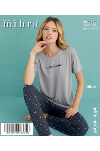 Mihra Kadın Bisiklet Yaka Milan Likralı Kısa Kol Pijama Takımı 50107/101 - 1 Adet Gri