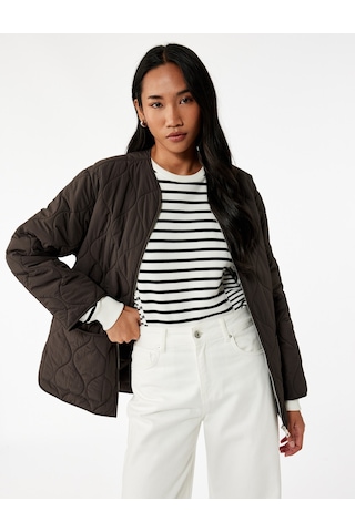 Koton Uzun Kollu Cepli Bisiklet Yaka Fermuarlı Oversize Kapitone Ceket Kahverengi 6wak20288ew Kahve