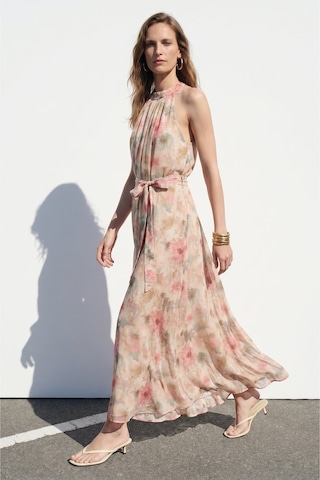 Sateen Desenli Uzun Elbise - Pembe-137409
