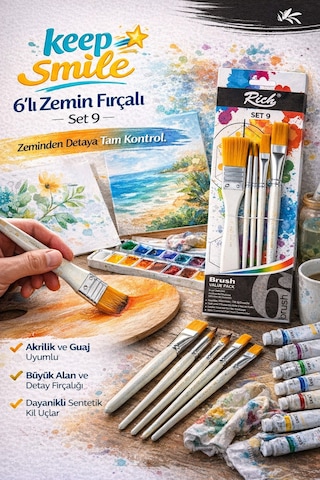 6 Lı Zemin Fırça Seti Set 9 Akrilik Boya Fırçası, Yan Kesik & Düz Kesik Uçlu Profesyonel Hobi Seti