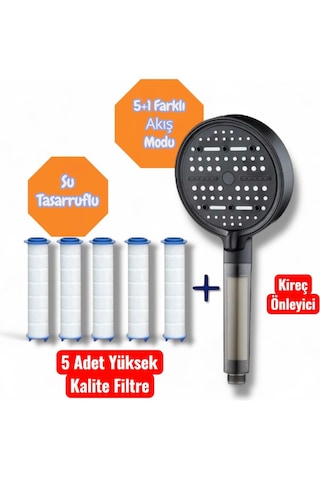 Kireç Önleyici Özellikli Turbo Basınçlı Su Tasarruflu Duş Başlığı 5 Adet Yedek Filtreli Siyah