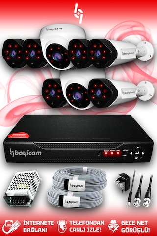 Bayicam 8 Kameralı Uzay 2 İç Kamera Set HDD'siz Full HD Gece Görüşlü Güvenlik Kamerası Sistemi