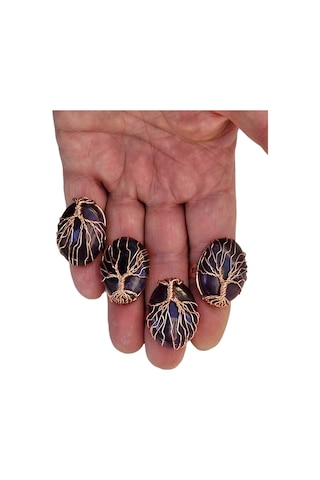 Pozitif Doğal Taş Ametist Ayarlı Yüzük Bakır Hayat Ağacı El Yapımı 466-3 Çok Renkli