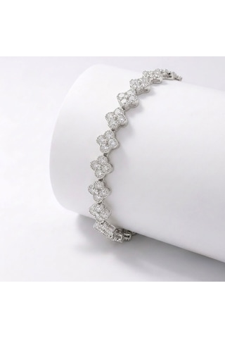 Premium Parlak Gümüş Renk 8 Mm Zirkon Taş Çiçek Model Kadın Bijuteri Bileklik 3183kbv6d4 18cm