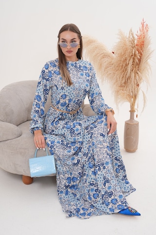 Polologin Butik Çiçekli Viskon Elbise Mavi