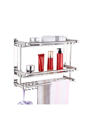 Ranyeek Banyo Duvar Rakusu 2 Katlı Paslanmaz Çelik - 50cm, 2 Havlu Asma Ve 5 Kanca, Delme Olmayan Kurulum, 60kg Yük Kapasitesi Diğer