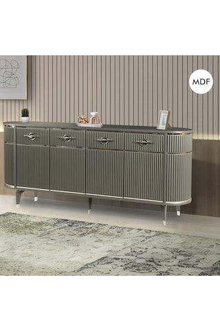 Maya Antrasit Gümüş Lüks Konsol 4 Kapaklı Şerit Detaylı Metal Ayaklı Tasarım 180x45x84 Cm Antrasit - Gümüş