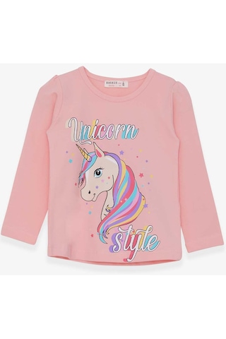 Breeze Kız Çocuk Uzun Kollu Tişört Unicorn 2-6 Yaş, Pudra