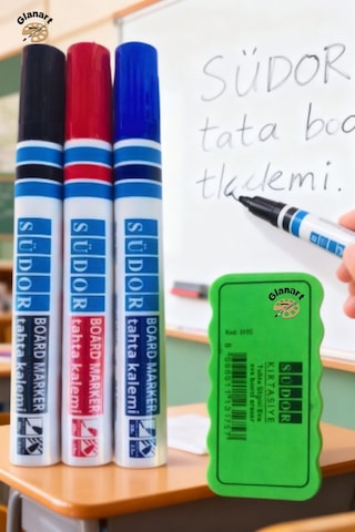 3 Renk Tahta Kalemi Ve Mıknatıslı Tahta Silgisi Bordmarker 1 Set Südor Çok Renkli