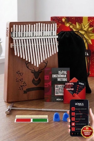 Midex KLX-456 Hakiki Maun Ağacı Kalimba 17 Çelik Tuşlu (Türkçe Metod Çanta Çekiç)