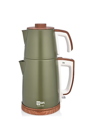 Egetürk TeaDem Style Ahşap Görünümlü Çay Makinesi Çaycı 2000W 1.7L Kettle 1.2L Demlik 304 Çelik Gövde Neft Yeşili