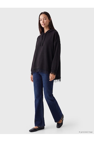LC Waikiki Lc Waıkıkı Siyah Dantel Detaylı Soft Touch Oversize Kadın Hoodie