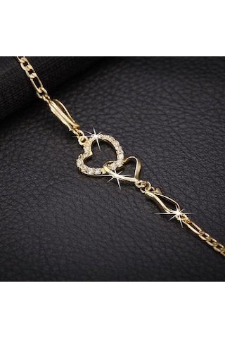 Altın Moda Çift Kalp Halhal Bilezik Kadın Altın Renk Bilezik Düğün Nişan Takı Hediyeler Altın