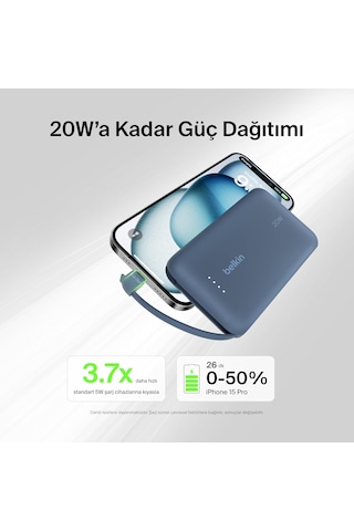 Belkin Boostcharge Powerbank, Type-c Kablolu 10k Pd 20w, Mavi