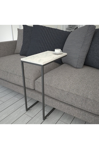 Callen Beyaz Mermer Yan Sehpa & Tekerlekli Servis Sehpası Metal