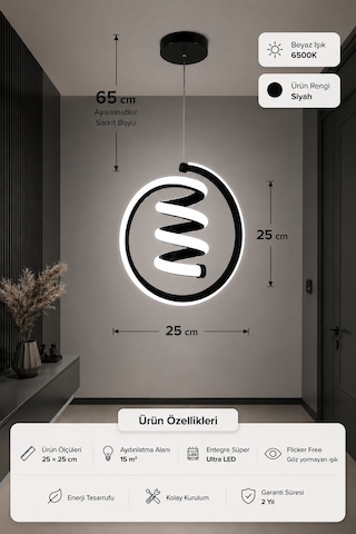 Venor Led Sarkıt Avize Beyaz Işık Siyah