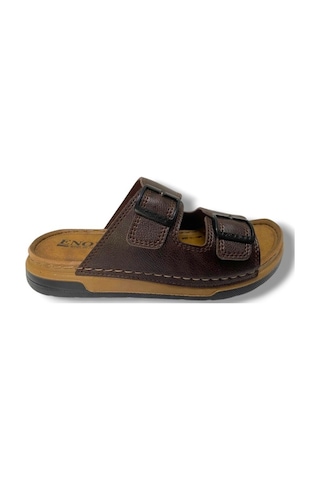 Enova M253-0202-25 Deri Anatomik Soft Çift Bant Erkek Terlik Kahverengi
