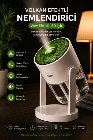 Volkan Efektli Nemlendirici 280ml Led Işıklı Ultrasonik Hava Nemlendirici Sessiz Aroma Difüzör Rt-hm30