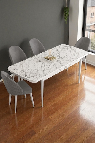 Mura Beyaz Mermer 80x132 Açılabilir Mdf Masa Yemek Odası Takımı, Mutfak Takımı 4 Adet Sandalye Gri