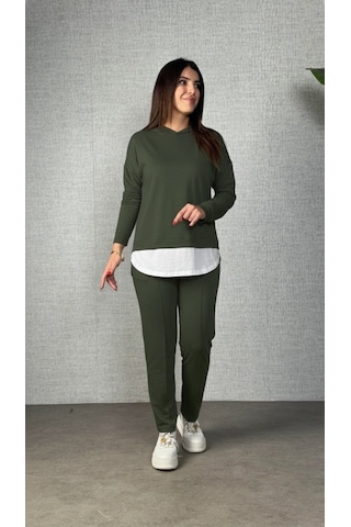 S-pazarım Kadın Uzun Kollu Kapşonlu Bağcıklı Viskon Iki Iplik Bluz Ve Pantolon Ikili Takım Yeşil