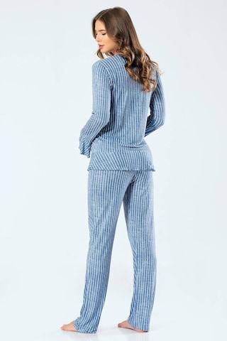 Türen Kadın Çizgili Uzun Kollu V Yaka Düğmeli Pijama Takım 001