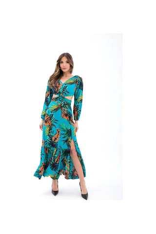 Fashion Cocktail Egzotik Palmiye Desenli Tokalı Göğüs Tasarım Pencereli Yırtmaçlı Uzun Havuz Başı Kokteyl Maxi Elbise Mavi