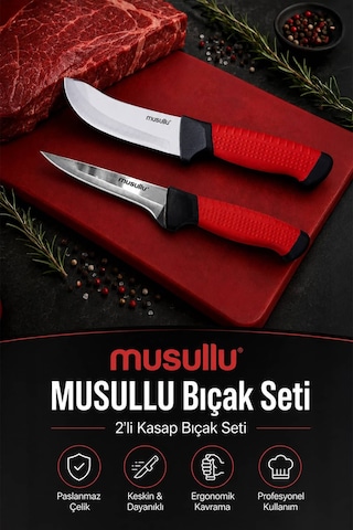Musullu 2'li Profesyonel Kasap Bıçak Seti Siyah - Kırmızı
