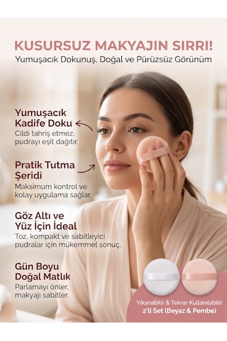 Yumuşak Kadife Pudra Püskülü Makyaj Sungeri Beyaz - Pembe 2'li Set
