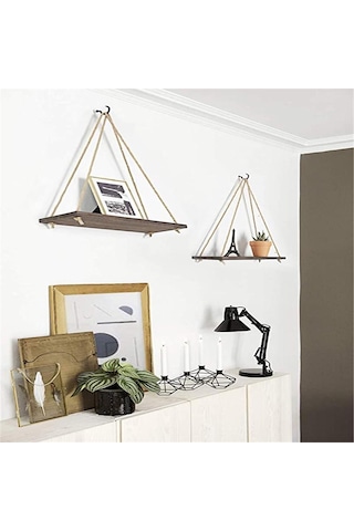 Kahverengi Ahşap Salıncak Asılı Halat Duvara Monte Yüzer Raflar