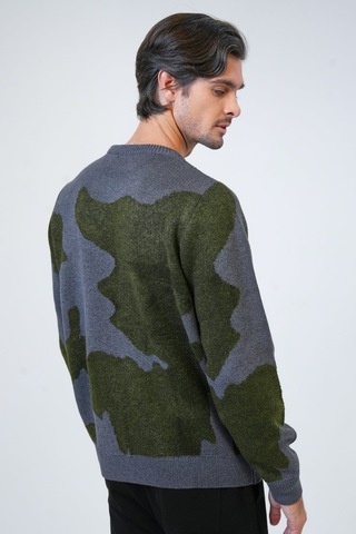 Antrasit Regular Fit Yeşil Desenli Bisiklet Yaka Triko Kazak-antrasit Antrasit